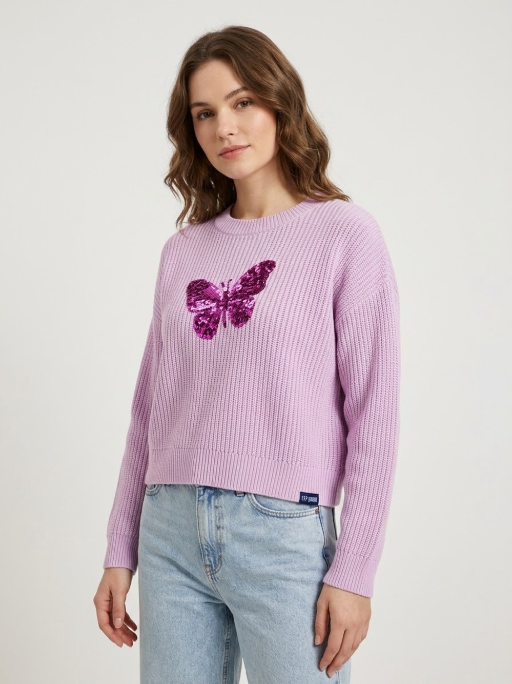 Gap x Wicked 100% Cotton Pink Sequin Butterfly Ribbed Knit Sweater Ariana Grande